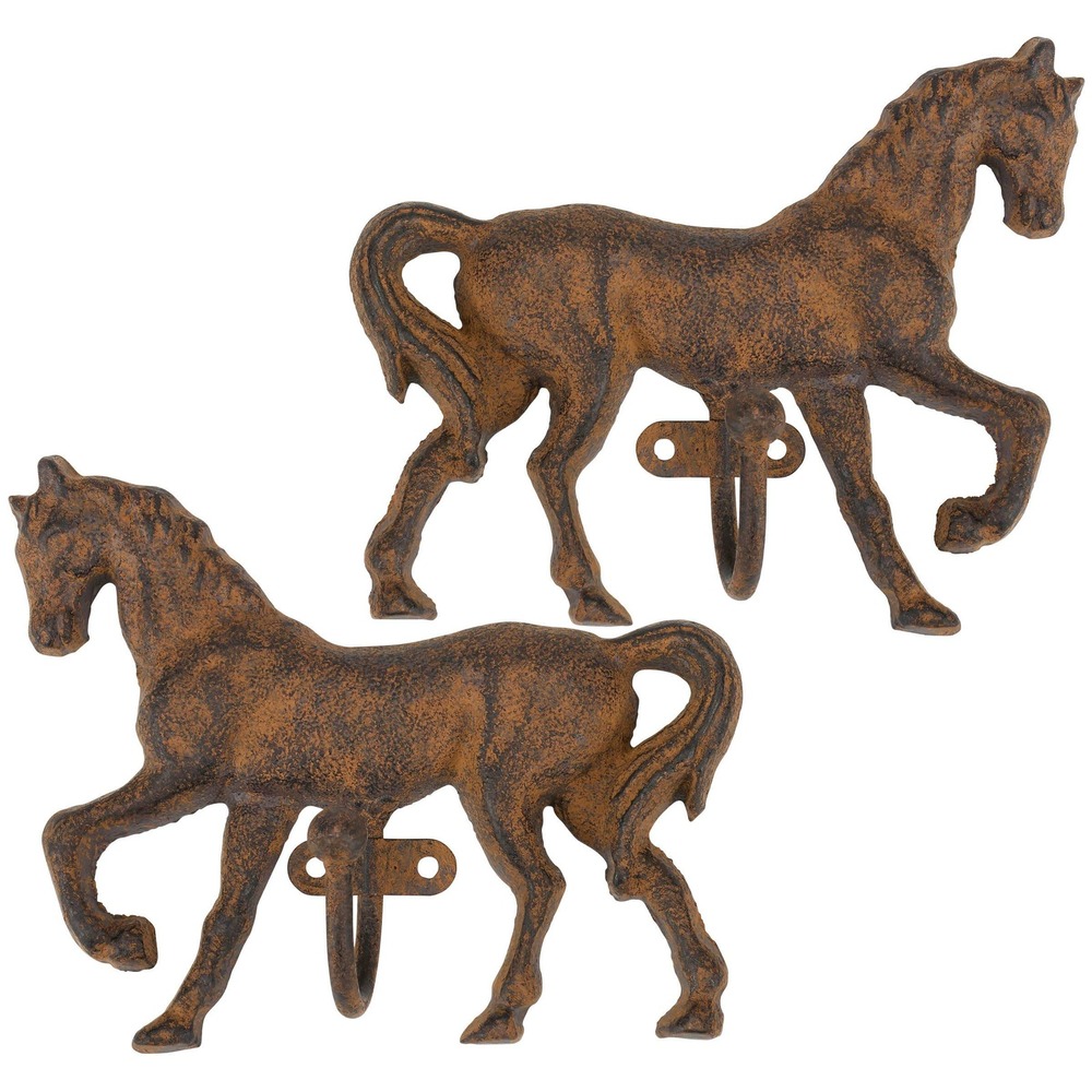 Set of 2 Cast Iron Horse Wall Hooks Rustic Western Equestrian Ranch Decor